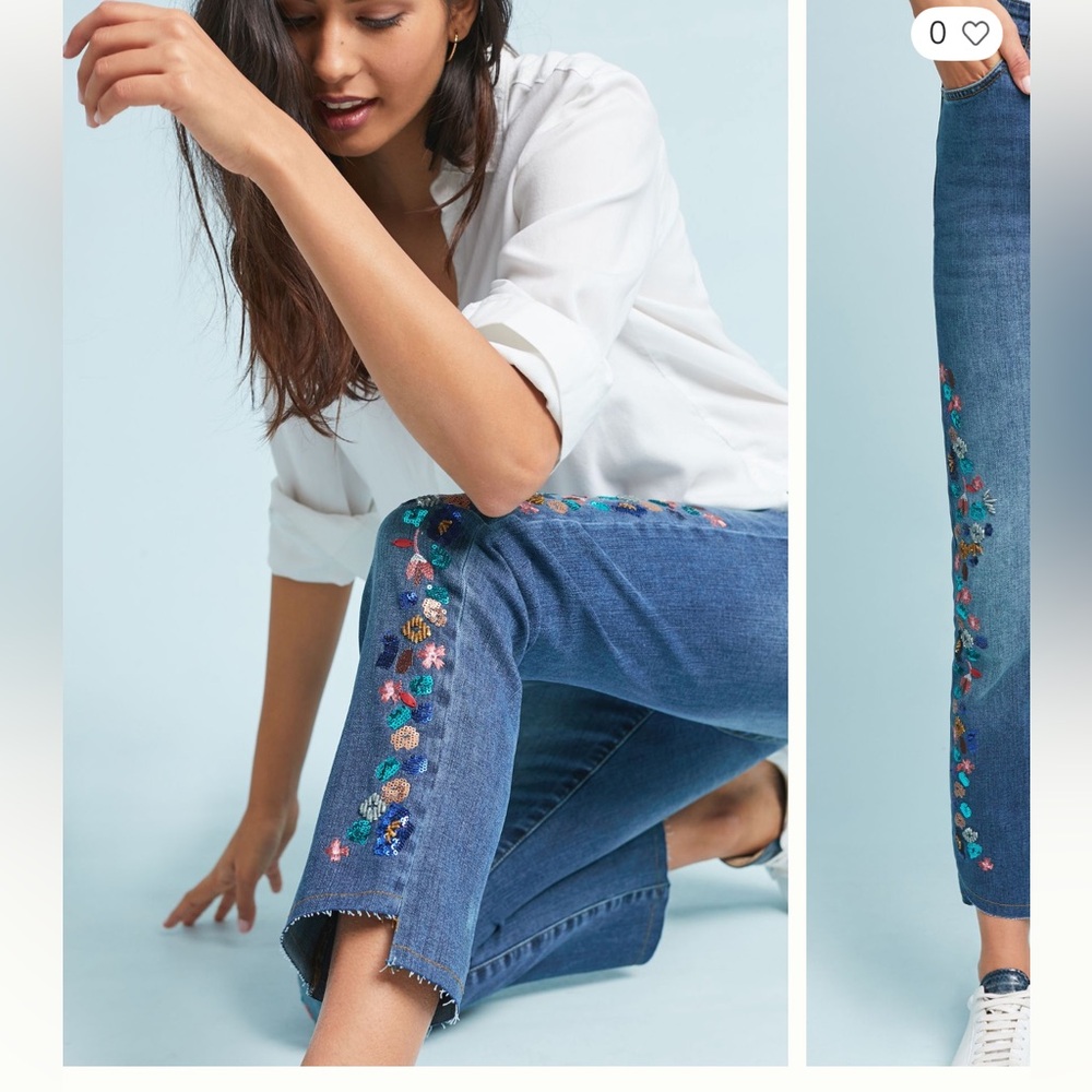 Anthropologie Blue Ankle Cropped Jeans with Floral Embroidery